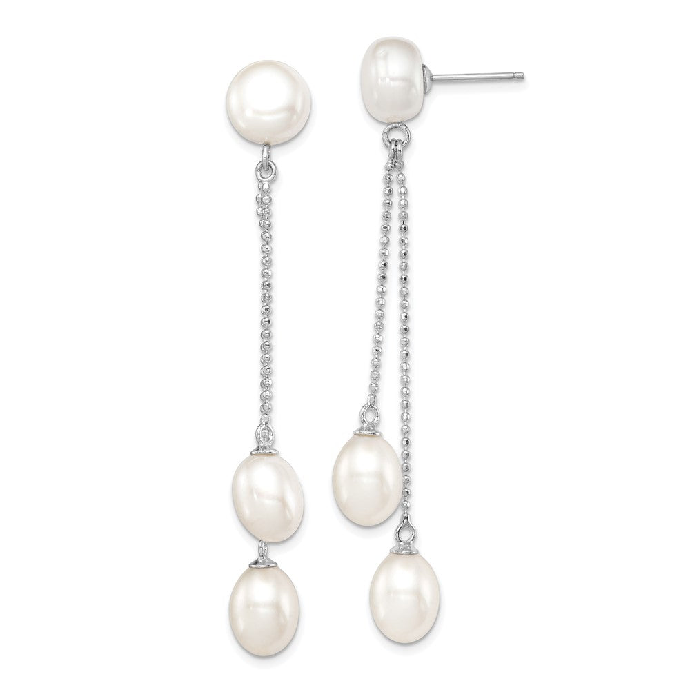 Sterling Silver Rhodium-plated 6-9mm White Rice and Button Freshwater Cultured 3-Pearl Post Dangle Earrings, 62 x 9 mm