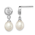 Sterling Silver Rhodium-plated 7-8mm White Rice Freshwater Cultured Pearl and CZ Post Dangle Earrings, 21 x 8 mm