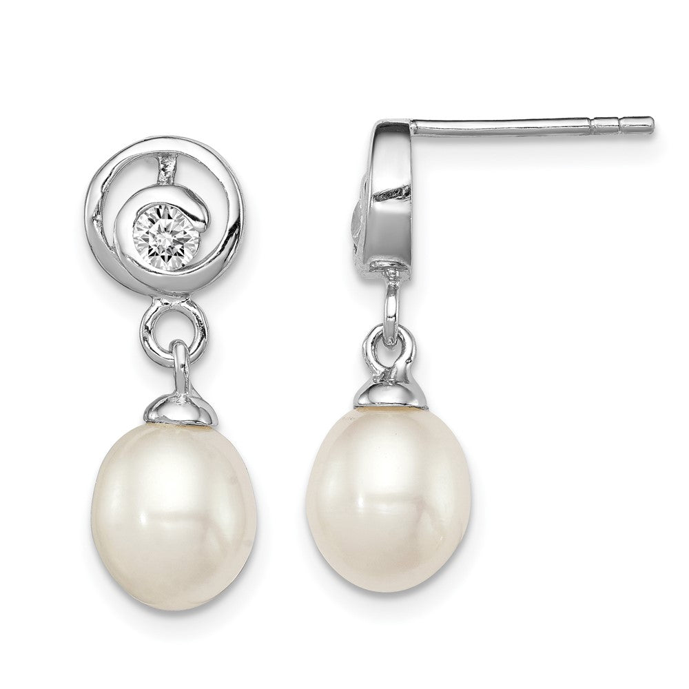 Sterling Silver Rhodium-plated 7-8mm White Rice Freshwater Cultured Pearl and CZ Post Dangle Earrings, 21 x 8 mm