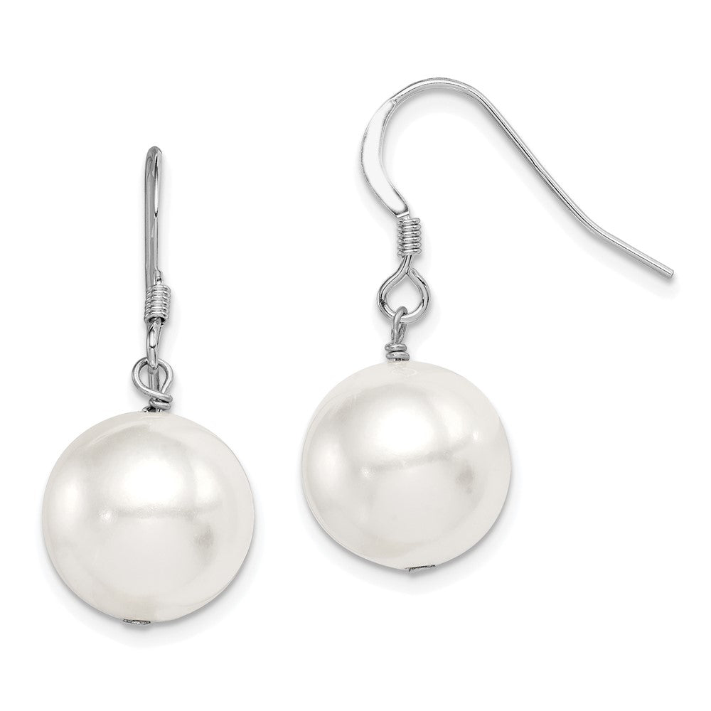 Sterling Silver Rhodium-plated 12-13mm White Round Shell Bead Dangle Earrings, 26 mm