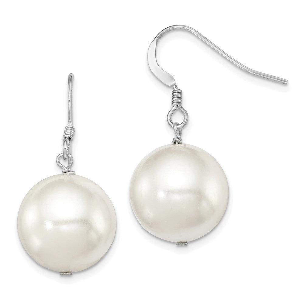 Sterling Silver Rhodium-plated 14-15mm White Round Shell Pearl Dangle Earrings, 28 mm
