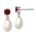 Sterling Silver Rhodium-plated 7-8mm White Teardrop Freshwater Cultured Pearl and 1.26GA Garnet Post Dangle Earrings, 1.225 ct, 20 mm