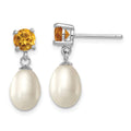 Sterling Silver Rhodium-plated 7-8mm White Teardrop Freshwater Cultured Pearl and .94CI Citrine Post Dangle Earrings, 1.225 ct, 20 mm
