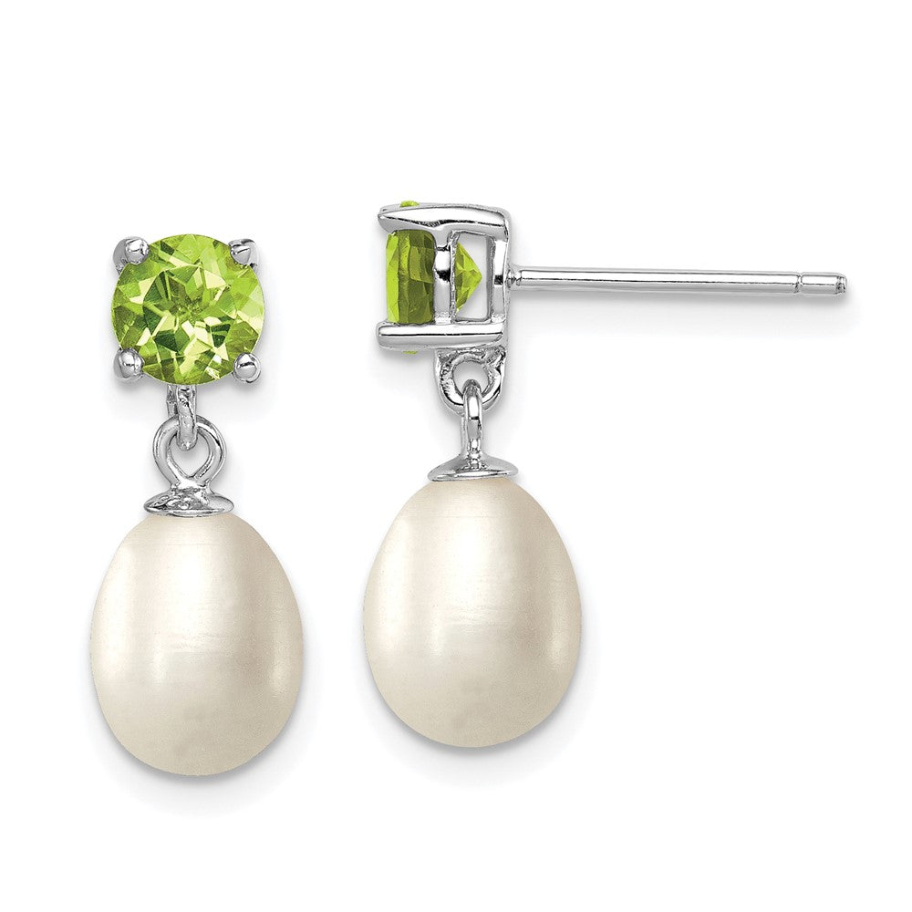 Sterling Silver Rhodium-plated 7-8mm White Teardrop Freshwater Cultured Pearl and 1.12PE Peridot Post Dangle Earrings, 1.225 ct, 20 mm