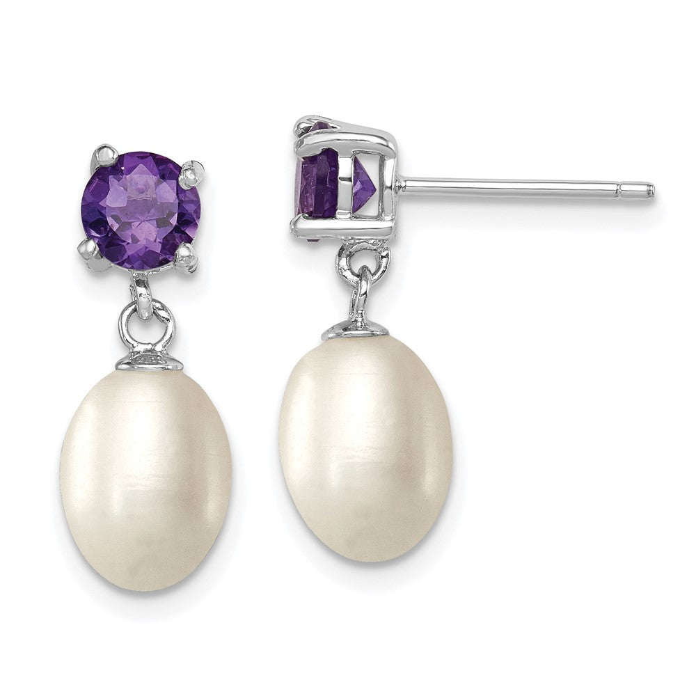 Sterling Silver Rhodium-plated 7-8mm White Teardrop Freshwater Cultured Pearl and .84AM Amethyst Post Dangle Earrings, 1.225 ct, 20 mm