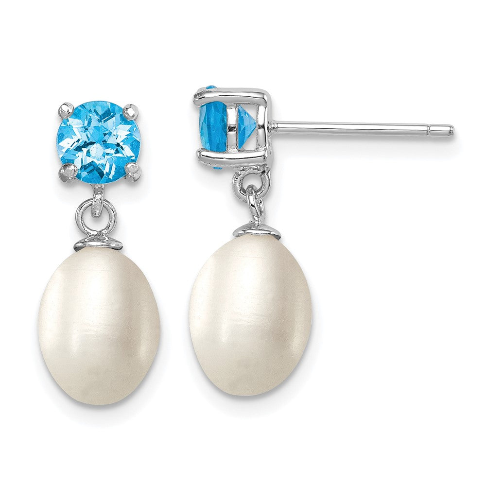 Sterling Silver Rhodium-plated 7-8mm White Teardrop Freshwater Cultured Pearl and 1.30BT Blue Topaz Post Dangle Earrings, 1.225 ct, 20 mm