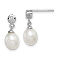 Sterling Silver Rhodium-plated 7-8mm White Rice Freshwater Cultured Pearl and CZ Post Dangle Earrings, 19 mm, 0.68 g