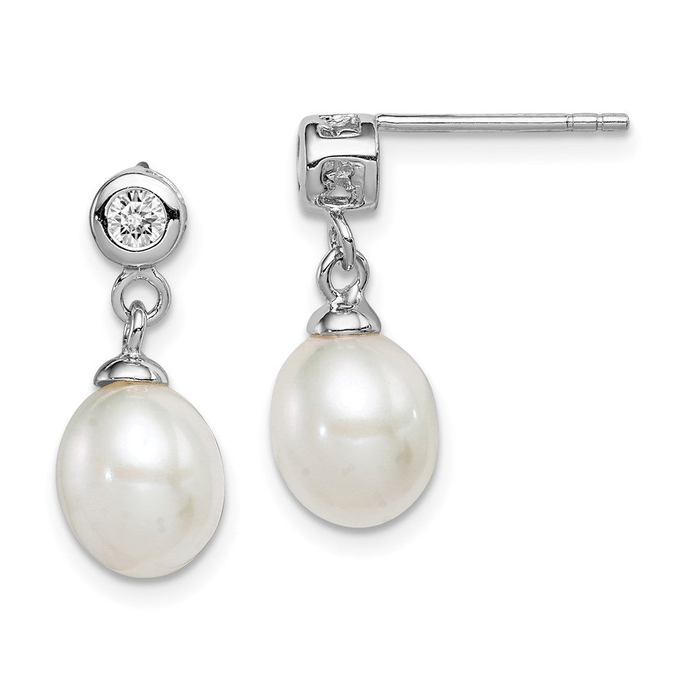 Sterling Silver Rhodium-plated 7-8mm White Rice Freshwater Cultured Pearl and CZ Post Dangle Earrings, 19 mm, 0.68 g