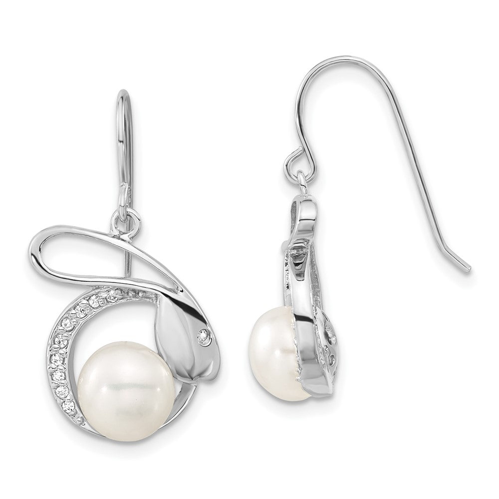 Sterling Silver Polished Freshwater Cultured Pearl & CZ Rabbit Dangle Earrings, 29.2 x 16.2 mm