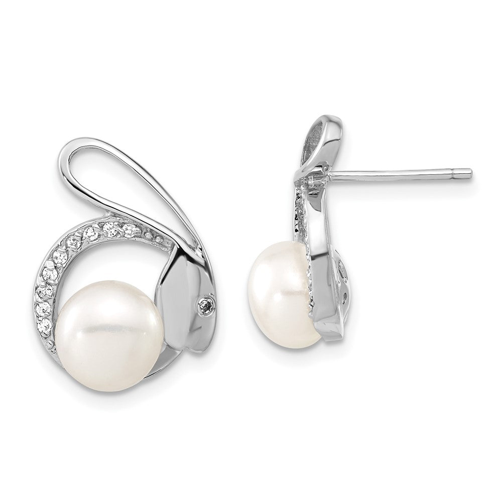 Sterling Silver Polished Freshwater Cultured Pearl & CZ Rabbit Post Earrings, 17 x 17.7 mm