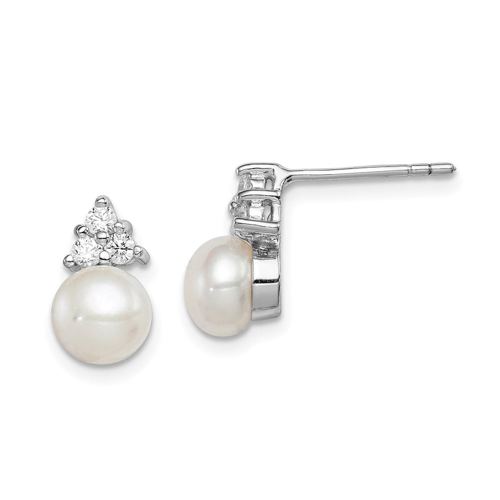 Sterling Silver Rhodium-plated 6-7mm White Button Freshwater Cultured Pearl and CZ Post Earrings, 11 mm