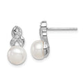 Sterling Silver Rhodium-plated 6-7mm White Button Freshwater Cultured Pearl and CZ Post Earrings, 13 mm