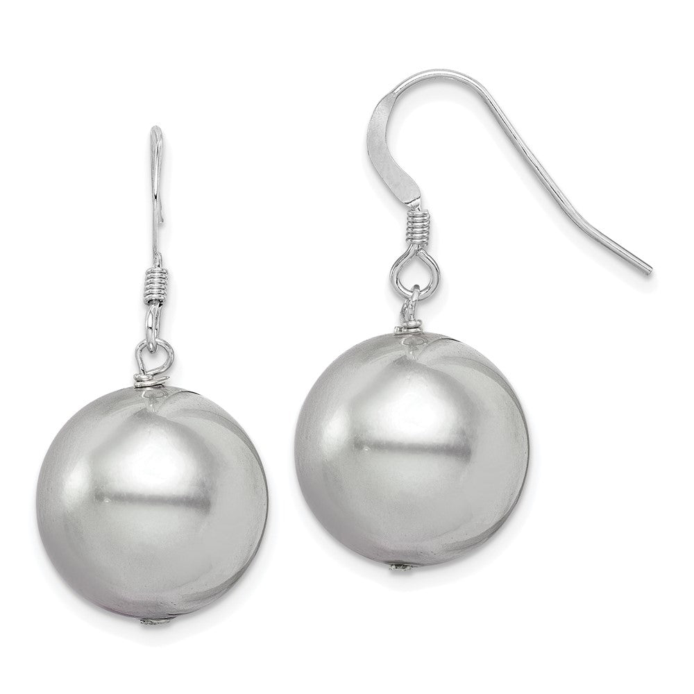 Sterling Silver Rhodium-plated 14-15mm Grey Round Shell Pearl Dangle Earrings, 29 mm