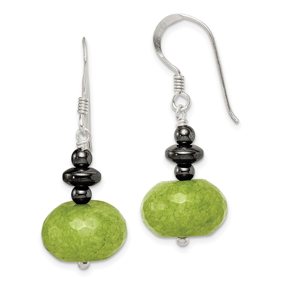 Sterling Silver Polished Green Jade & Hematite Dangle Earrings, 34 x 14 mm
