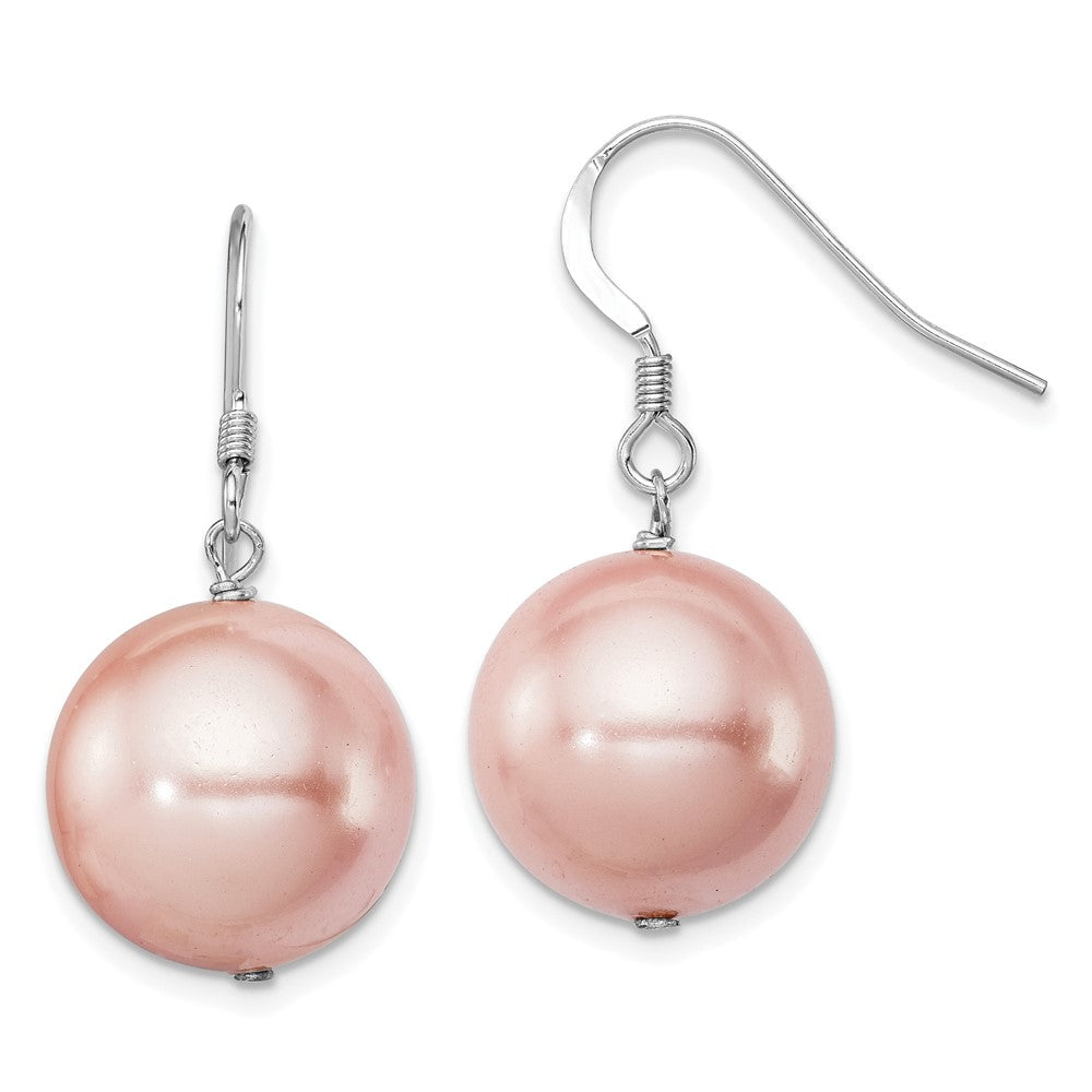 Sterling Silver Rhodium-plated 14-15mm Pink Round Shell Pearl Dangle Earrings, 30 mm