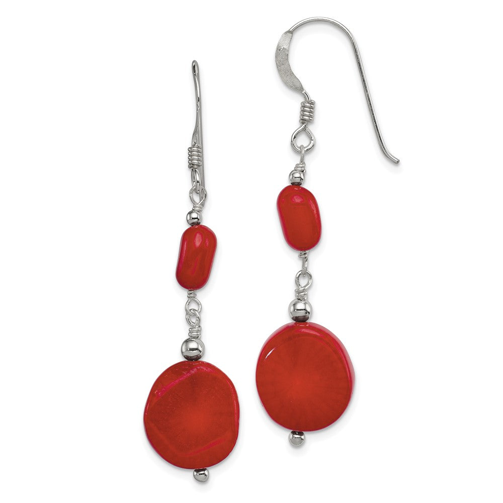 Sterling Silver Polished Round Red Coral Dangle Earrings, 51 x 14 mm