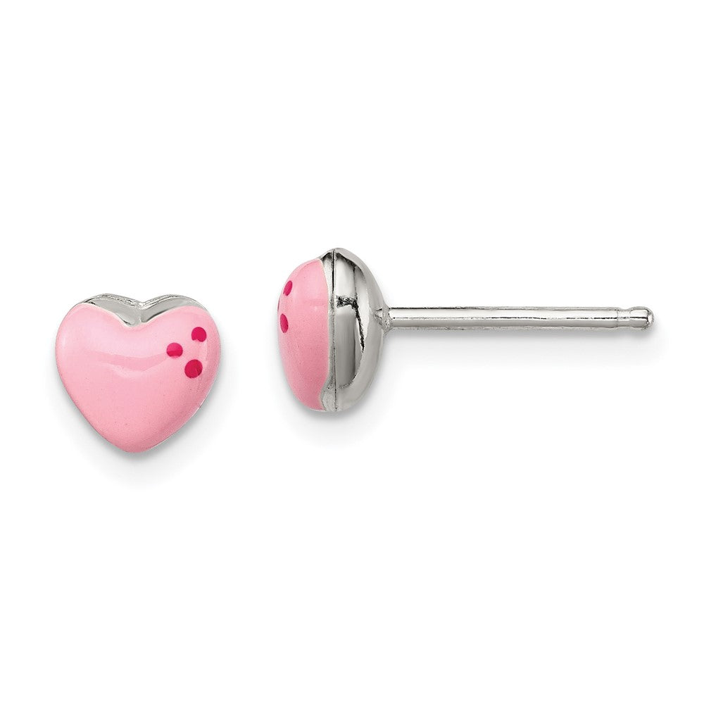 Sterling Silver Polished & Pink Enameled Heart Children's Post Earrings, 6 x 8 mm