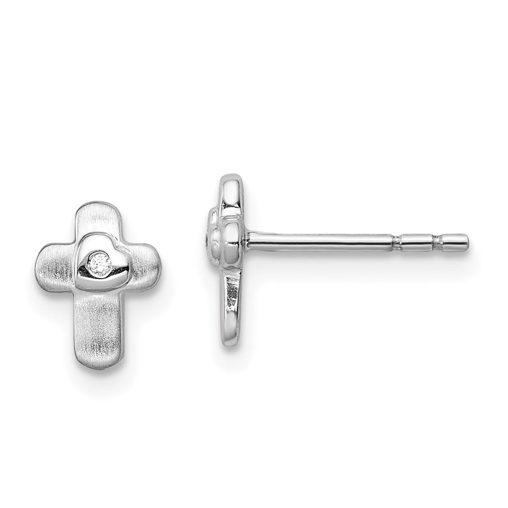 Sterling Silver Rhodium-plated Polished CZ Cross Children's Post Earrings, 8 x 6 mm