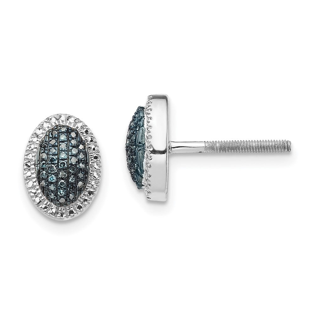 White Night Sterling Silver Rhodium-plated Blue Diamond Oval Screwback Post Earrings, 0.21 ct, 10 x 8 mm