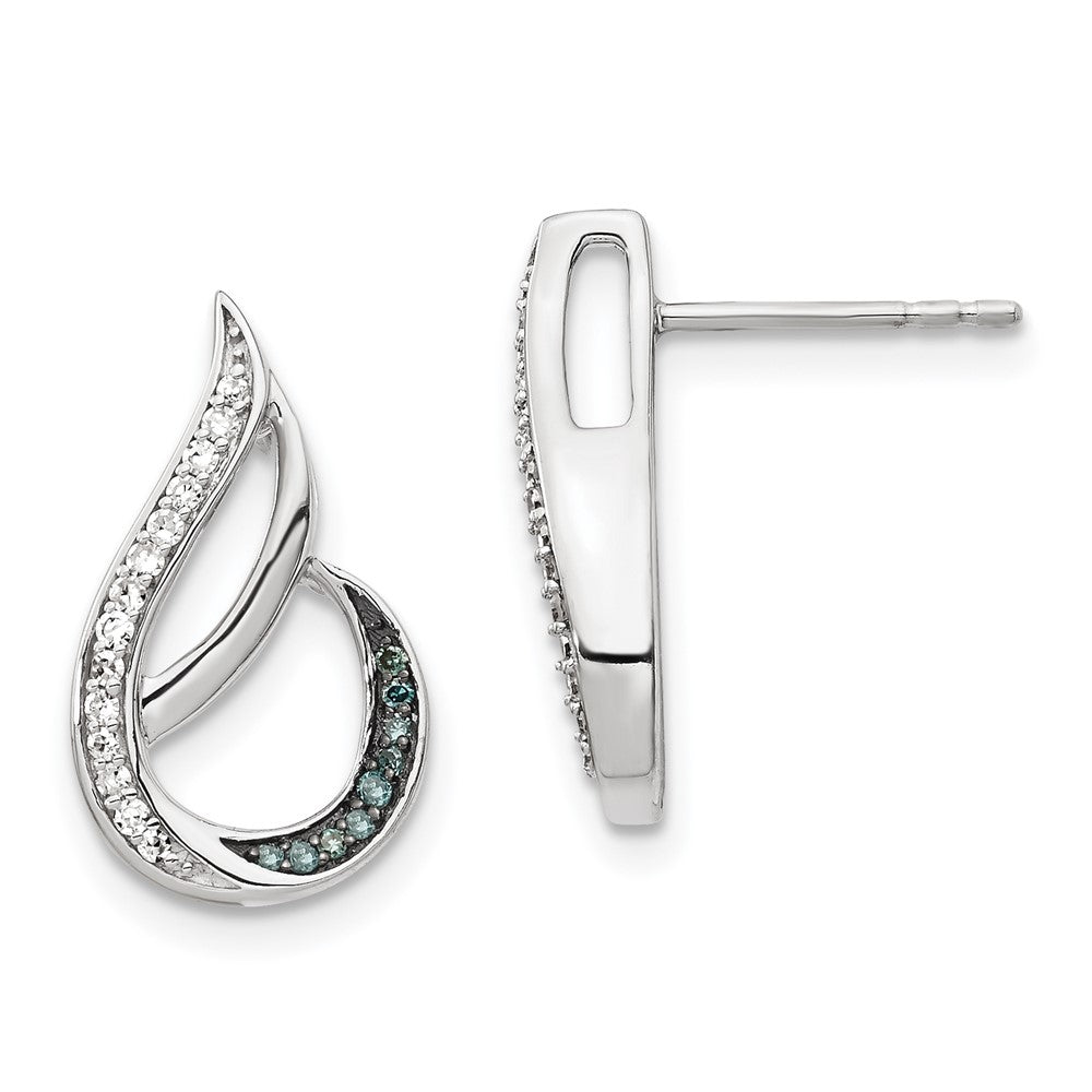 White Night Sterling Silver Rhodium-plated Polished Blue and White Diamond Post Earrings, 0.155 ct, 17 x 10 mm