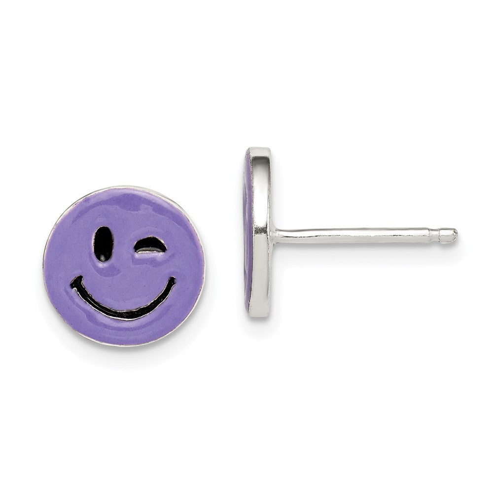 Sterling Silver Purple Enamel Winking Smiley Face Post Earrings, 10 x 10 mm