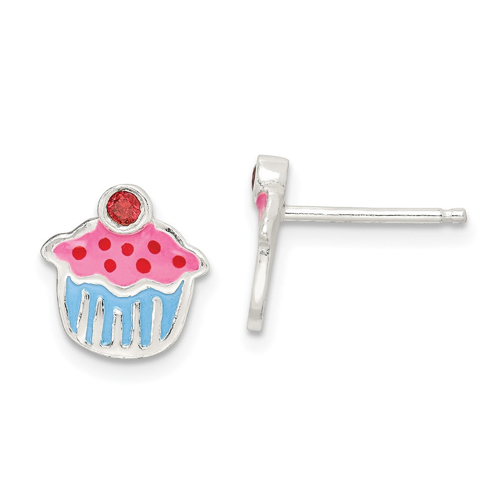 Sterling Silver Polished Enamel Garnet Cupcake Childs Post Earrings, 10 x 10 mm