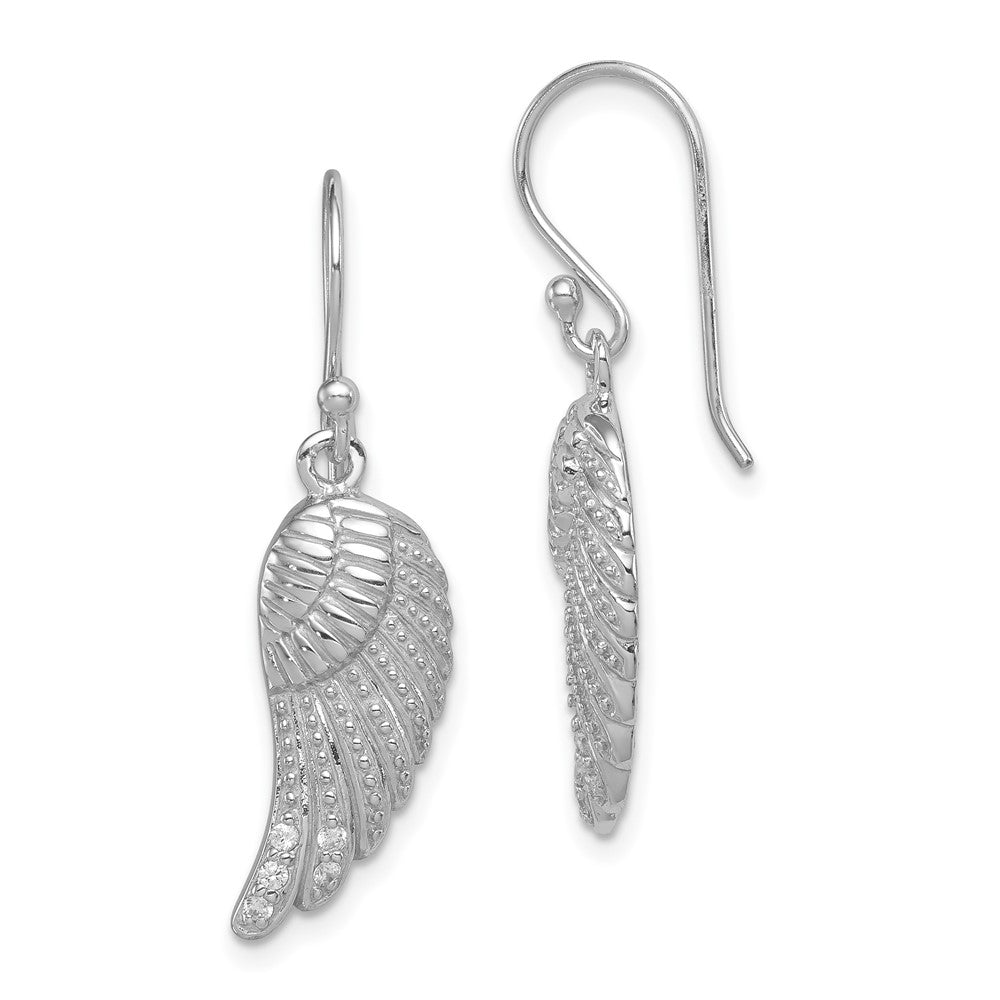 Sterling Silver RH-plated Polished/Textured CZ Wings Dangle Earrings, 34 x 11 mm