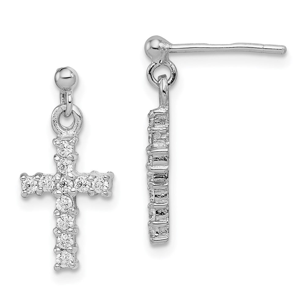 Sterling Silver Rhodium-plated Polished CZ Cross Post Dangle Earrings, 19 x 9 mm