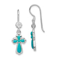 Sterling Silver Rhodium-plated Polished Imitation Turquoise Cross & Flower Dangle Earrings, 36 x 12 mm