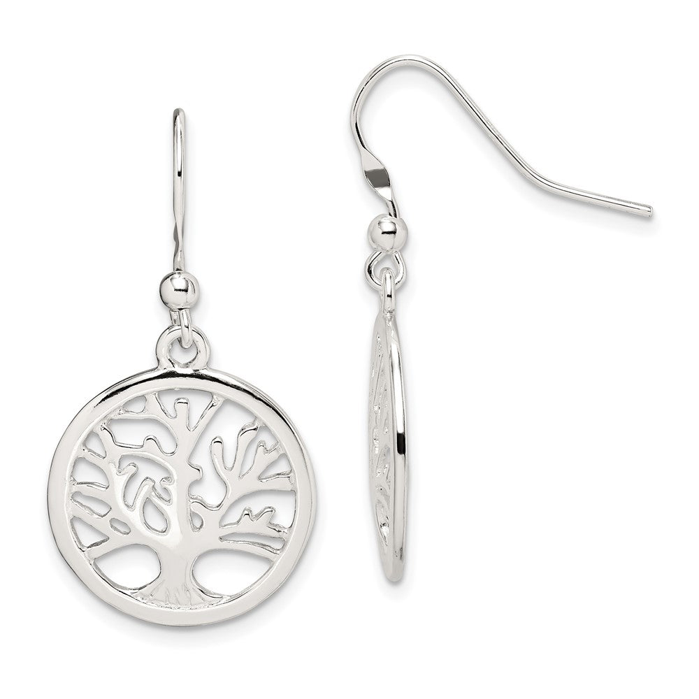 Sterling Silver Polished Round Tree Shepherd Hook Earrings, 36 x 19 mm