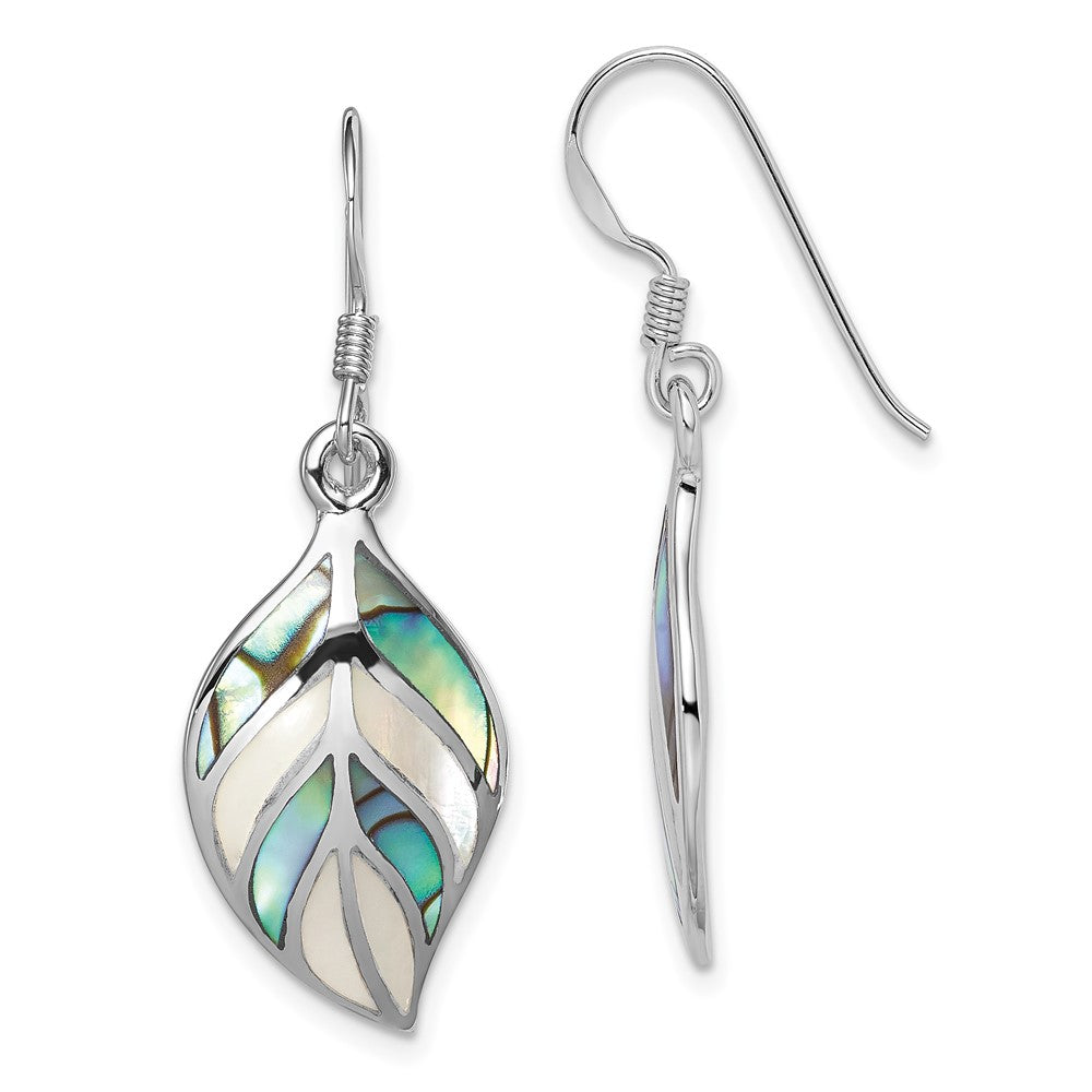 Sterling Silver Rhodium Leaf MOP and Abalone Dangle Earrings, 36 x 13 mm