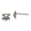 Sterling Silver Polished and Antiqued Skull Post Earrings, 6 x 8 mm
