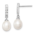 Sterling Silver Rhodium-plated 8-9mm White Teardrop Freshwater Cultured Pearl and CZ Post Earrings, 24 mm