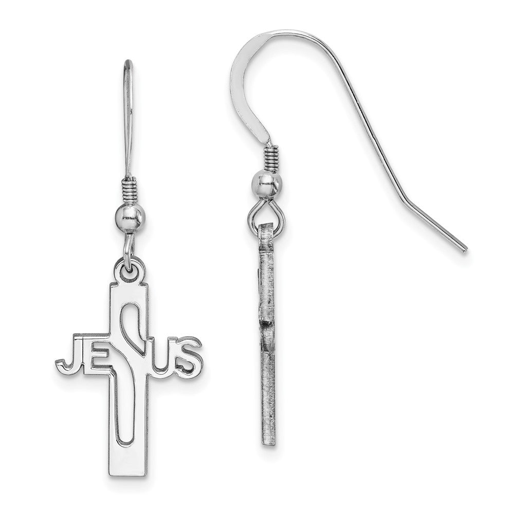 Sterling Silver Rhodium-plated Polished JESUS Cross Dangle Earrings, 33.1 x 12 mm