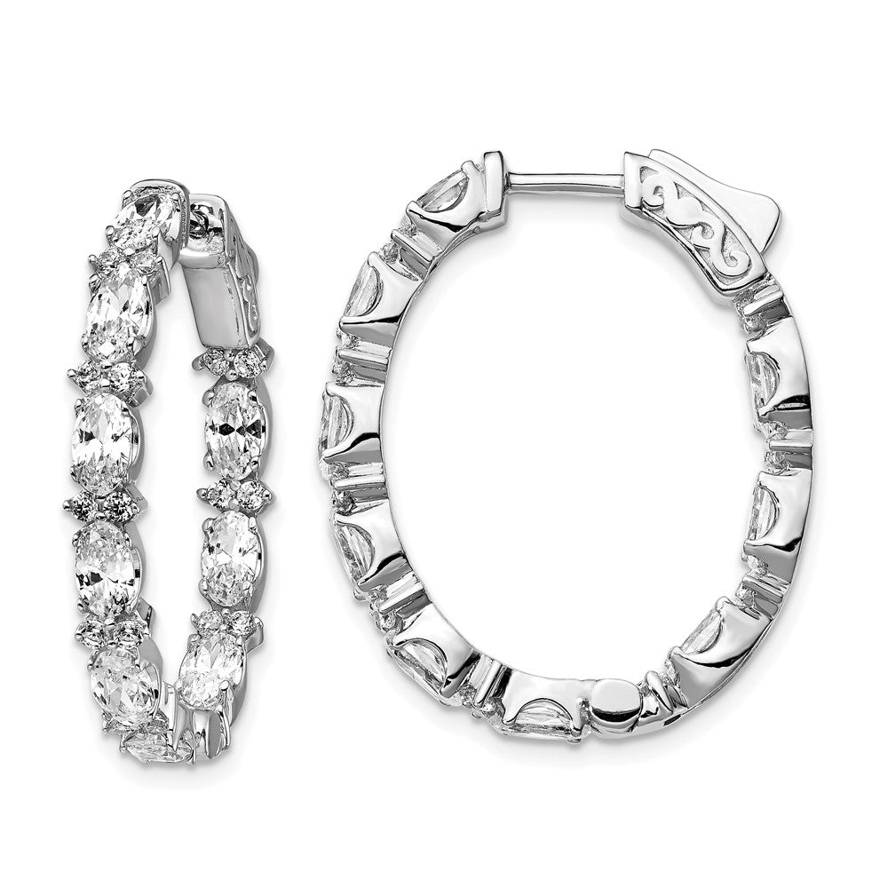 Sterling Shimmer Sterling Silver Rhodium-plated 54 Stone CZ Fancy In and Out Oval Hinged Hoop Earrings, 29.5 x 24.5 mm