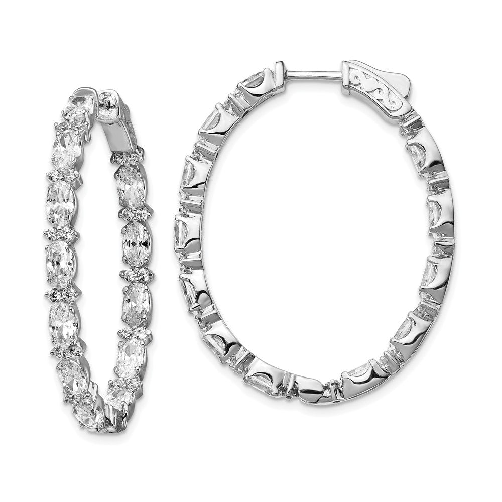 Sterling Shimmer Sterling Silver Rhodium-plated 76 Stone CZ Fancy In and Out Oval Hinged Hoop Earrings, 38.12 x 30.53 mm