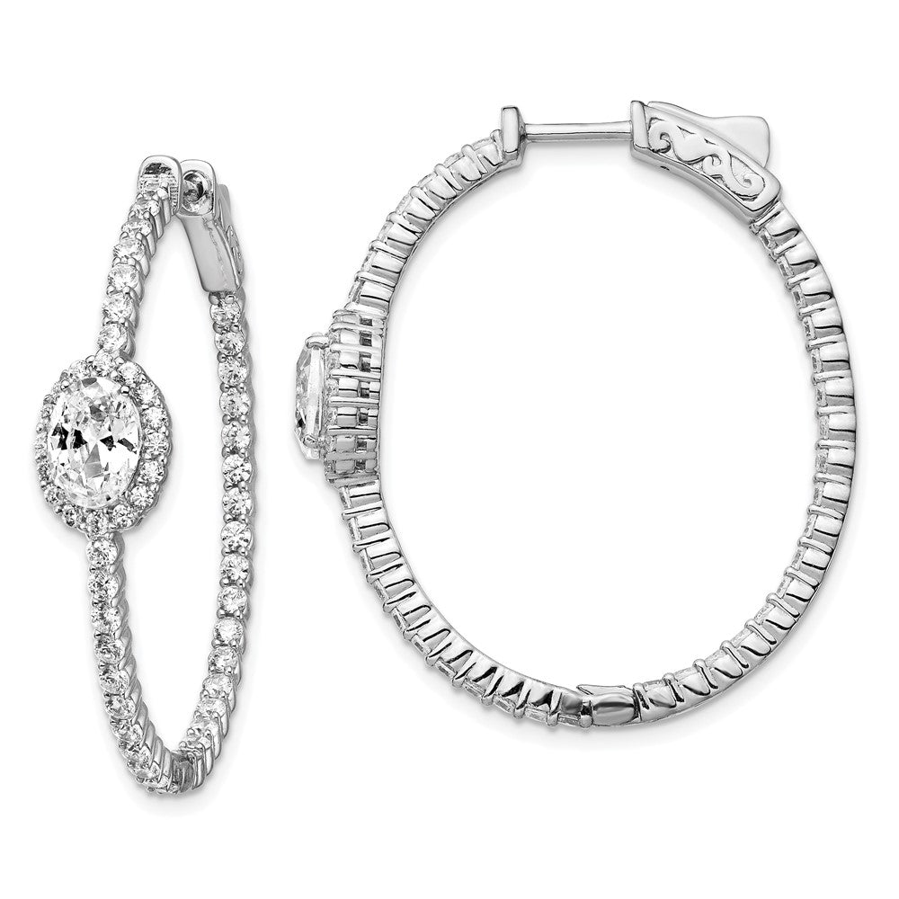Sterling Shimmer Sterling Silver Rhodium-plated 104 Stone CZ Fancy In and Out Oval Hinged Hoop Earrings, 36 x 32.5 mm