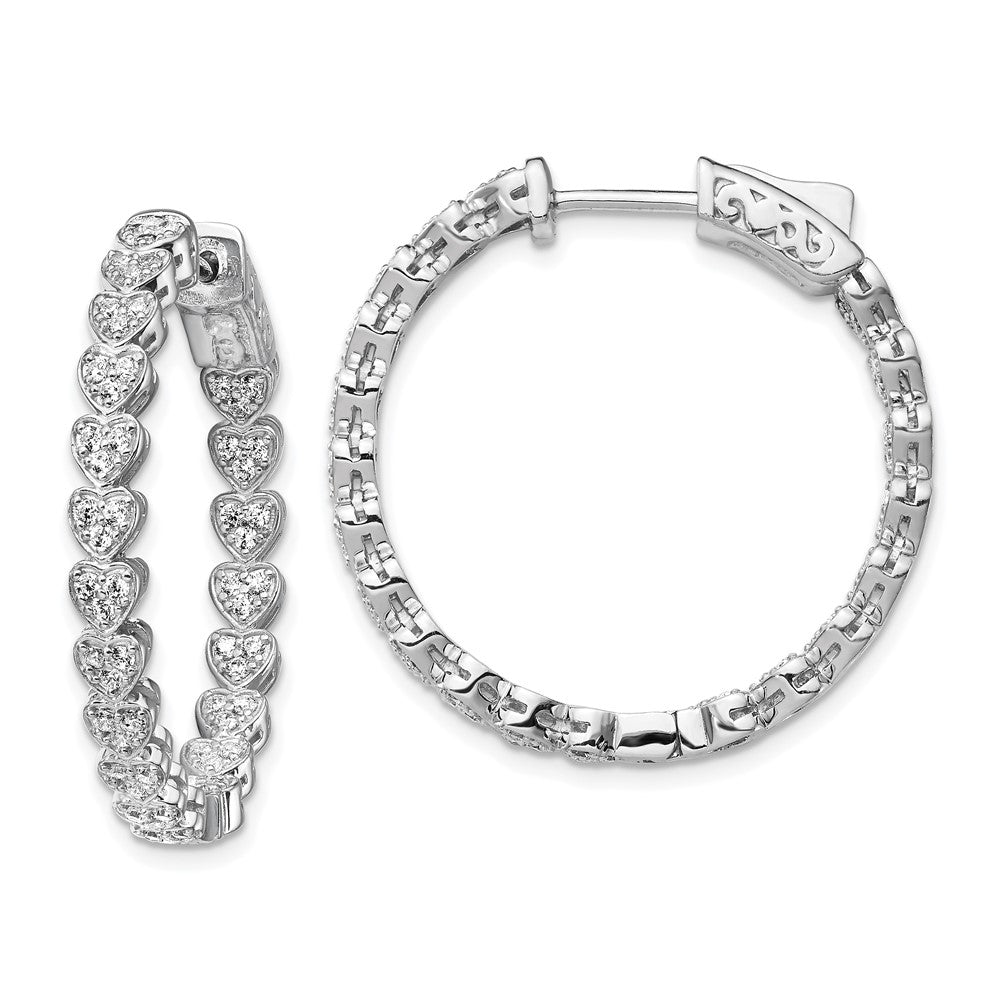 Sterling Shimmer Sterling Silver Rhodium-plated 120 Stone Heart Shaped 1.2mm CZ In and Out Round Hinged Hoop Earrings, 30 x 30 mm