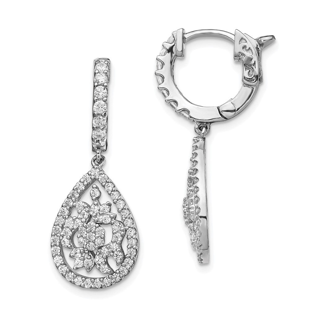 Sterling Shimmer Sterling Silver Rhodium-plated 126 Stone CZ Teardrop Dangle Hinged Hoop Earrings, 30 x 11.85 mm