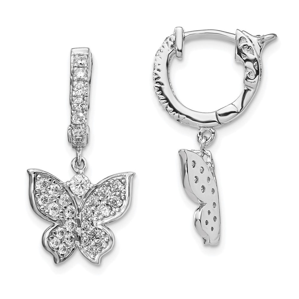 Sterling Shimmer Sterling Silver Rhodium-plated 58 Stone CZ Butterfly Dangle Hinged Hoop Earrings, 26 x 13 mm
