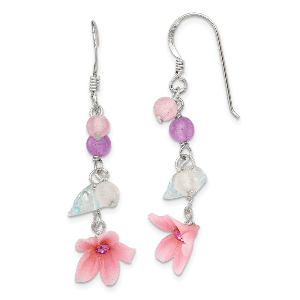 Sterling Silver Polished Amethyst, Agate, Blue Topaz, Pink CZ & Resin Flower Dangle Earrings, 40 x 12 mm