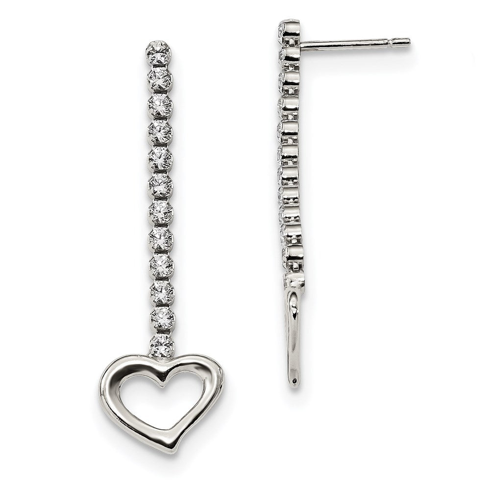 Sterling Silver CZ Dangle Heart Earrings, 39 mm