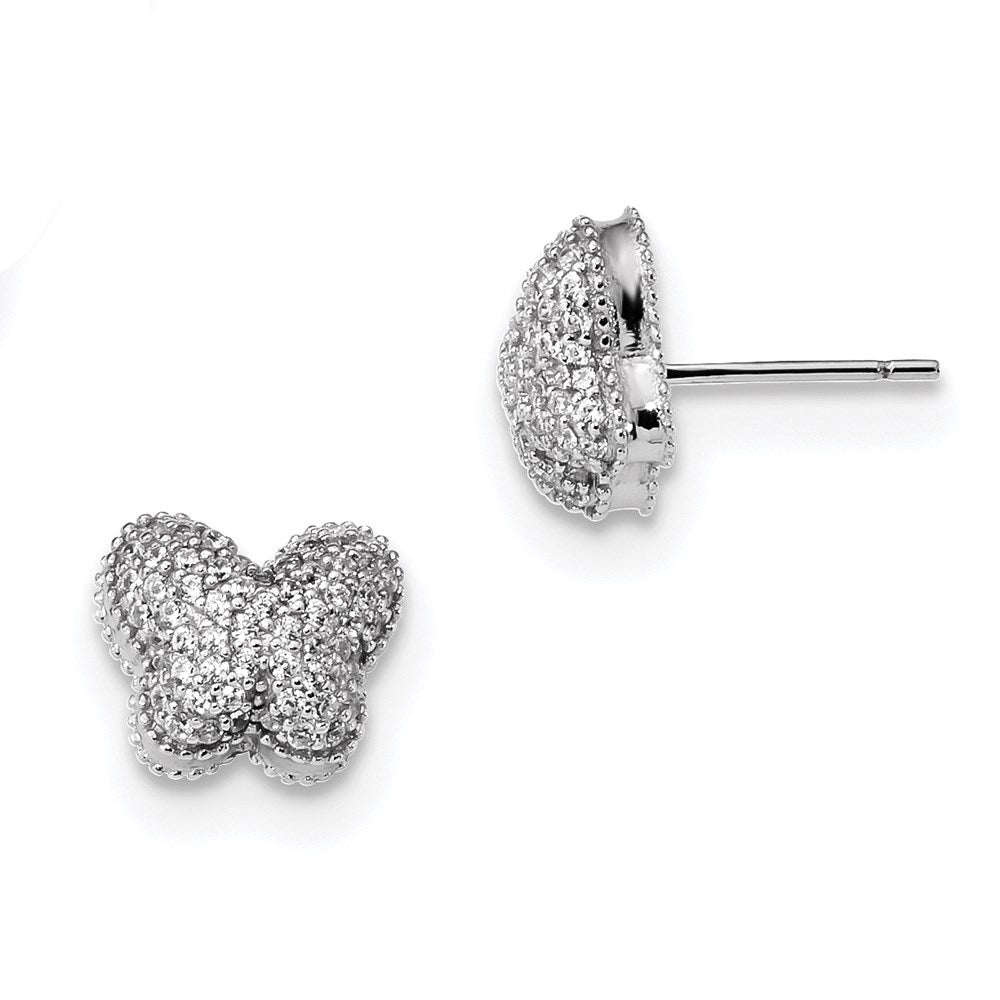 Sterling Silver Rhodium-plated CZ Butterfly Post Earrings, 9 x 11 mm