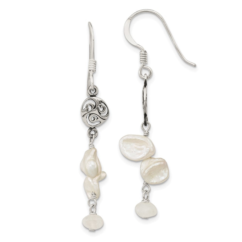 Sterling Silver Polished White 5-9mm Baroque Freshwater Cultured Pearl and Moonstone Fancy Dangle Earrings, 49.41 x 9 mm