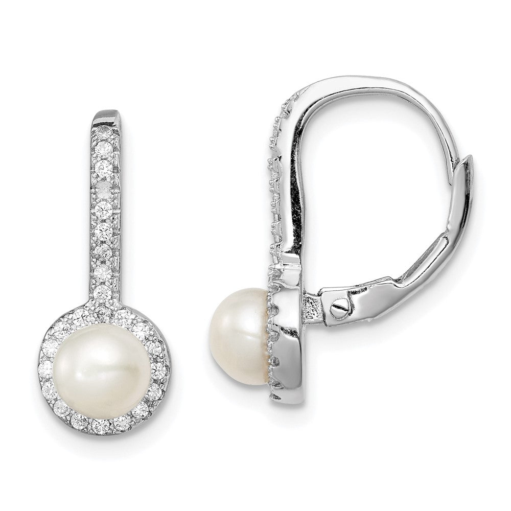 Sterling Silver Rhodium-plated 5-6mm White Button Freshwater Cultured Pearl and CZ Halo Leverback Dangle Earrings, 20 x 7.6 mm