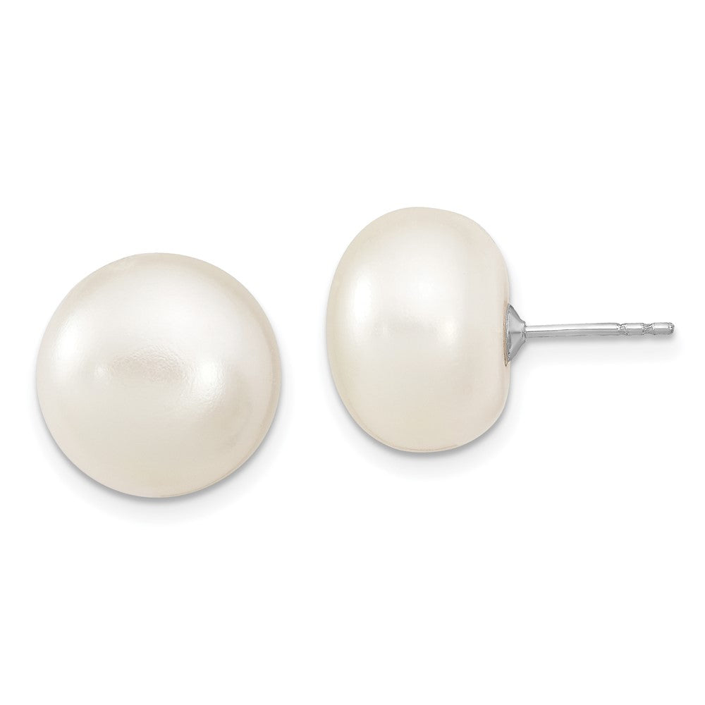Sterling Silver Rhodium-plated 13-14mm White Button Freshwater Cultured Pearl Post Earrings, 19 mm