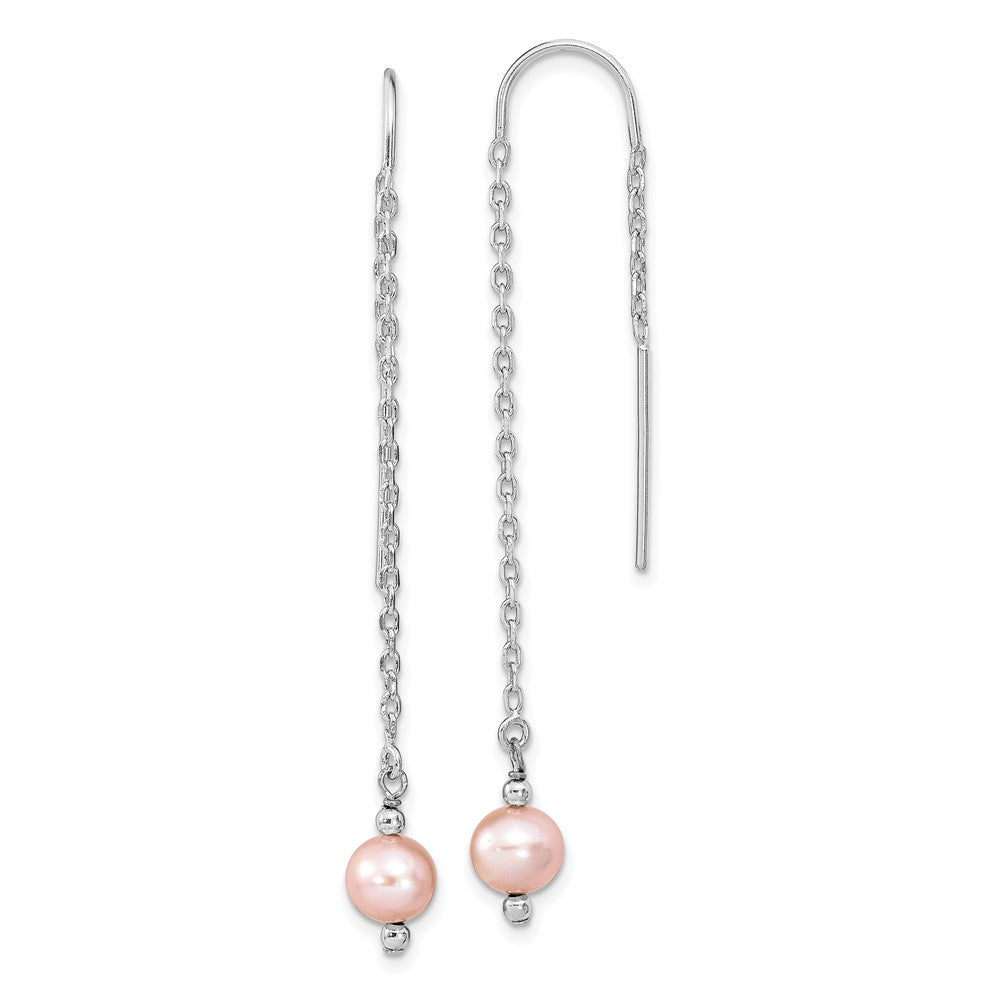 Sterling Silver Rhodium-plated 6-7mm Pink Semi-Round Freshwater Cultured Pearl Threader Earrings, 59 mm