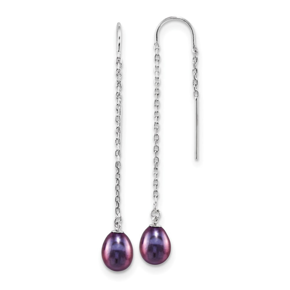 Sterling Silver Rhodium-plated 7-8mm Black Teardrop Freshwater Cultured Pearl Threader Earrings, 60 mm