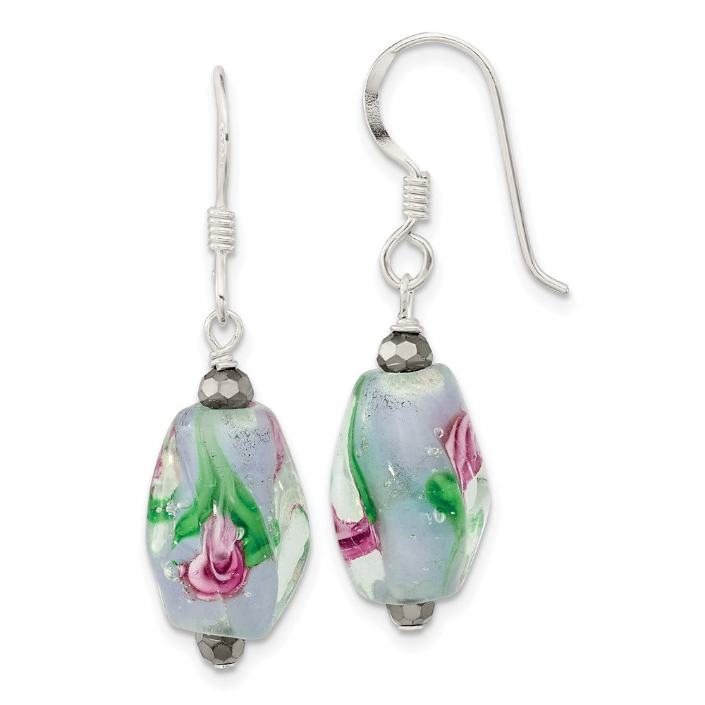 Sterling Silver Polished Hematite & Abstract Glass Dangle Earrings, 38.5 x 10.5 mm