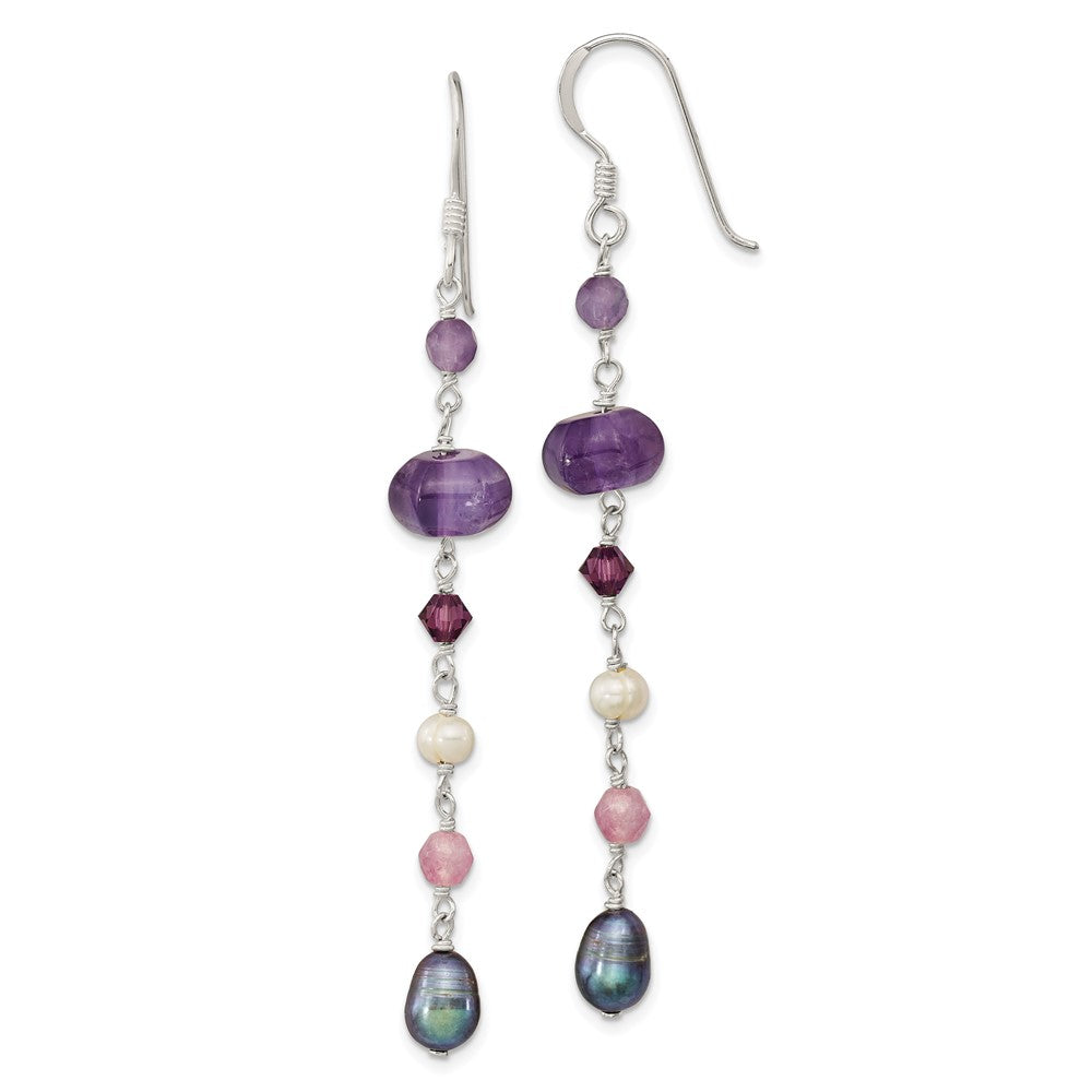Sterling Silver Polished Amethyst, Lavendar Jade, White & Black Freshwater Cultured Pearl Dangle Earrings, 74 x 7.5 mm